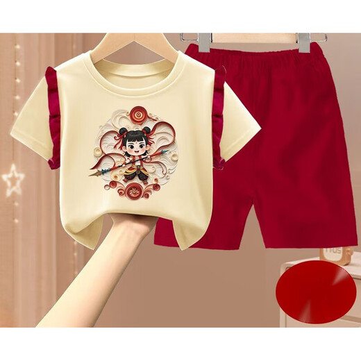 Changxiang Huili Girls Summer Nezha Set 2025 Nuevo shorts de manga corta de moda Camiseta de encaje Conjunto de dos piezas 1098# Lace T+ Borgundy Shorts 120