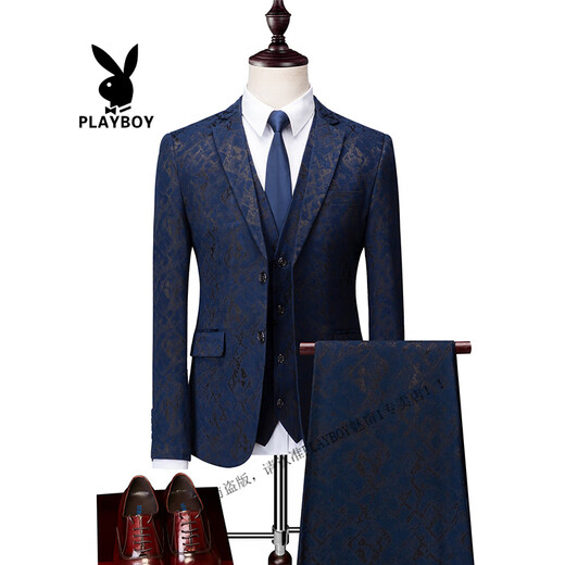 Playboy (PLAYBOY) suit men's three-piece set business casual dark flower suit handsome slim host groom wedding dress black (single suit) M