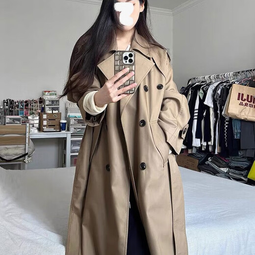 Xinnan Khaki Trench Coat 2025 Spring and Autumn Paris Classic Coat Women's Mid-Length Small High-end British Style Coat Long Khaki Fashion Trench Coat One Size 90-130Jin Jin is equal to 0.5 kg