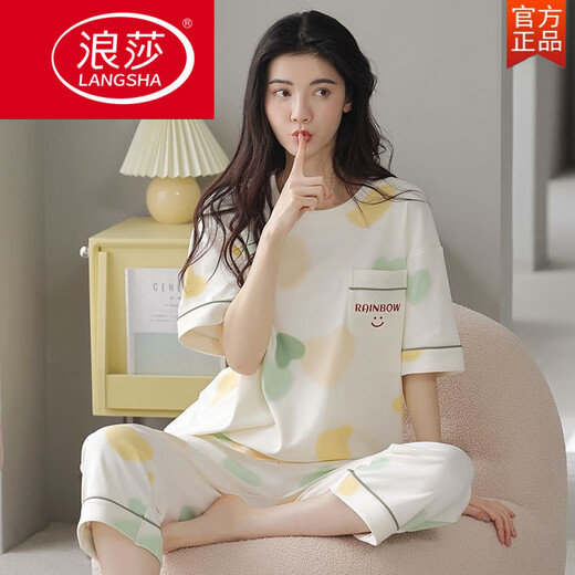 浪莎（LangSha）2025年新款睡衣女夏季纯棉短袖七分裤薄款休闲可外穿家居服舒适 9859【短-袖短-裤】 M 【建议80-100斤穿】