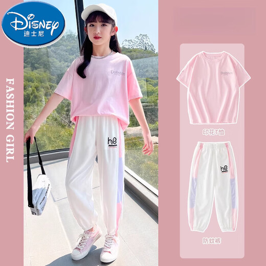 Disney (Disney) Girls Sports Set 2025 New Fashionable Short Sleeve Children's Casual Summer Big Children's Summer Girls Clothes 18209 Gradient 9889 White 170 cm