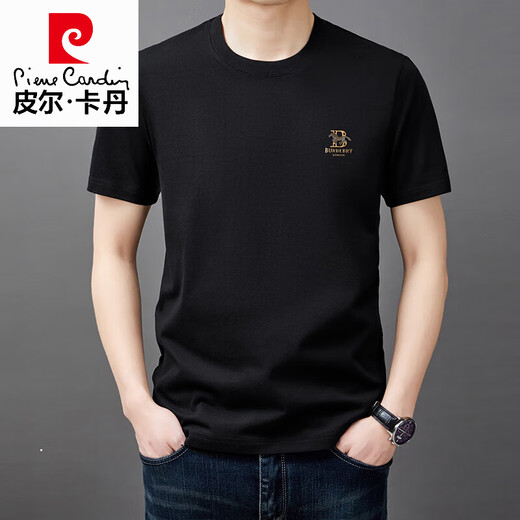 Pierre Cardin Camiseta de manga corta de algodón puro de algodón de gama alta para hombres Summer redondeo 2025 Nueva camiseta suelta Top de calma a media manga negro 9929 Modelo M 165 sugiere 90jin [Jin equivale a 0.5 kg] -120Jin [Jin equivale a 0.5 kg]