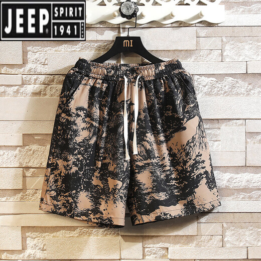 Jeep Spirit Hawaiian Ice Silk Shorts Herren Sommer Dünne Trendy Branddruckgedruckte Strandhosen Lose große lässige Sportarten knusprige Hose DK695 Weiß M.