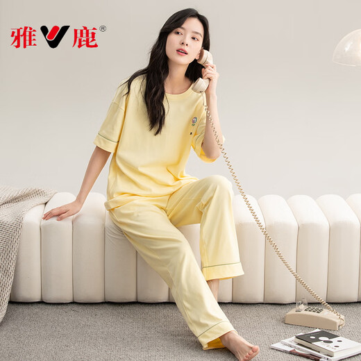 
Yalu pure cotton pajamas for women in summer 2025 new summer short-sleeved trousers warm yellow suit home clothes can be worn outside Y9720 M Recommended 80-100Jin [Jin equals 0.5 kg]