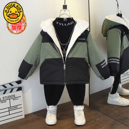 G.DUCKKIDS boys winter coat warm velvet hooded jacket girls autumn and winter Korean letter print thickened loose cotton coat back diagonal zipper velvet jacket black 100 cm suitable for 90-100cm age 3-4 years old