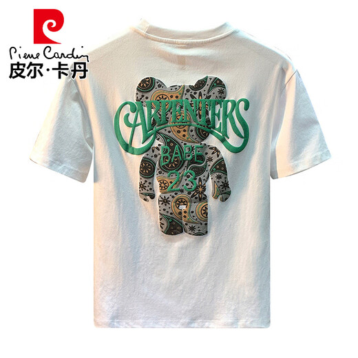 Pierre Cardin 2025 Nouvelle lettre d'ours en vrac imprimer le cou rond T-shirt à manches courtes pour hommes slim coton t-shirt à mi-manche blanc à la mode 6 JSW9922 m adapté à 90-108jin [Jin est égal à 0,5 kg]