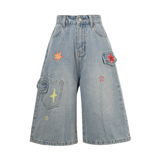 Originale waschbare und abgenutzte Jeans für Frauen im sommerlichen dünnen Stil, vielseitige lose Stern-Print-Shorts mit weitem Bein, blaue Hosen, m