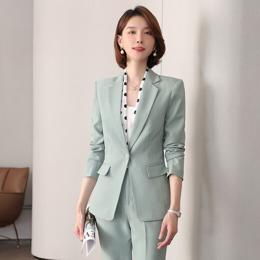 桢译面试西装女教师条纹外套薄款神范西服套装感正装中袖工作服 9922长袖绿色西装 S
