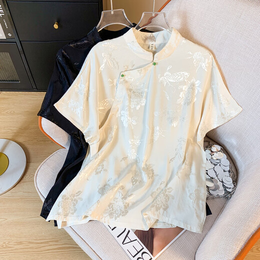 Jiandang grande taille Vêtements féminins Fat MM Nouveau Satin Satin Jacquard Nouvelle perle de style chinois tombant des vêtements de thé top 6630 m blanc M [110-125jin [Jin est égal à 0,5 kg]]]