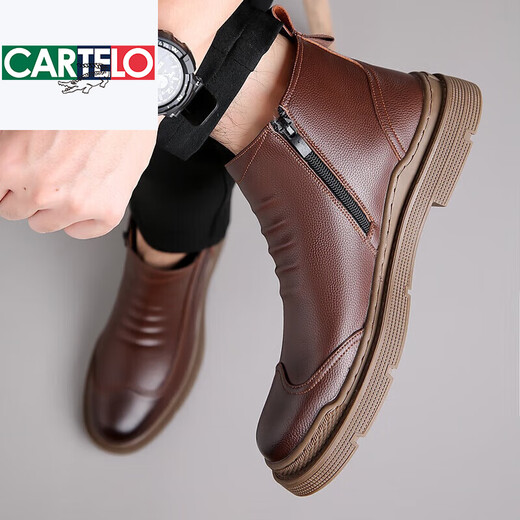卡帝乐鳄鱼（CARTELO）马丁靴男士冬季加绒真皮男鞋高帮保暖商务棉皮鞋套脚爸爸男靴 9758棕色加绒款 39
