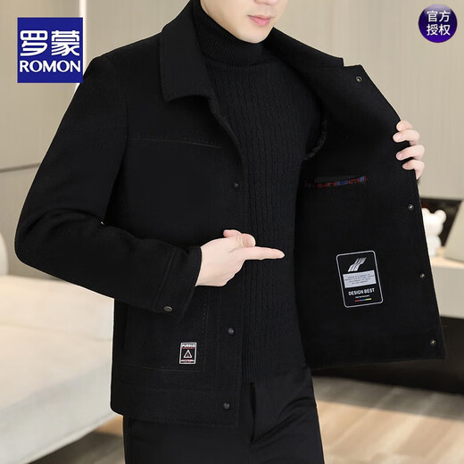 ROMON woolen woolen coat men's short double-sided woolen coat autumn and winter new casual men's thickened down woolen jacket 2308 black regular 2XL suitable for 150-170Jin Jin equals 0.5 kg