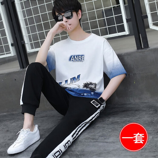 Ran Yilan ist ein ähnlicher Kurzärärmel-Hemd-Jungenanzug für Junior- und Senior High School-Schüler hübsches Sommerkleidung für junge und kleine Kinder Herrenkleidung TZ9226 Weiß und Blau kurzärmelig + Hosen Qualitätssicherung One Size Plus Einkaufswagen Versandversicherung