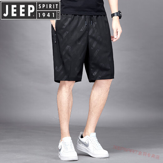 JEEP SPIRIT五分裤男士夏季冰丝薄速干透气休闲宽松加大码运动短裤沙滩裤子 7029黑色 M 80-斤