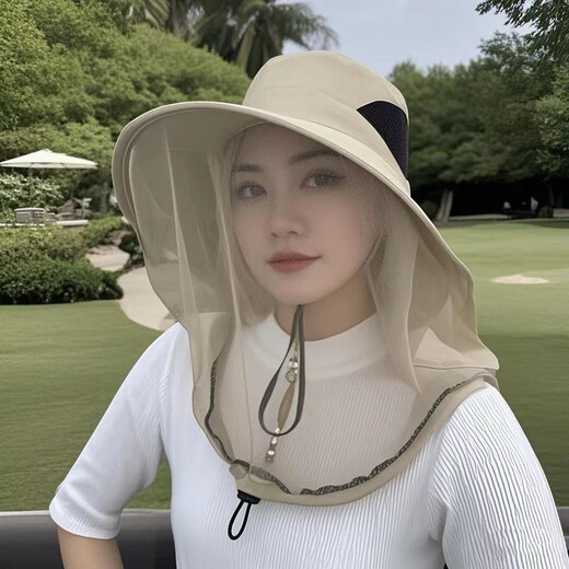 Anti-mosquito hood mask for sun protection, anti-mosquito spring and summer thin outdoor large-brim UV fishing camping tea-picking hat, anti-mosquito veil, light gray