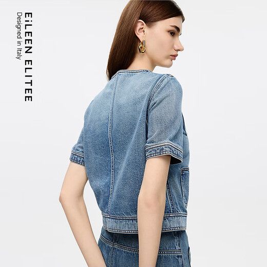 朗姿欧洲EiLEEN ELITEE2025秋新款时尚纯棉圆领短袖牛仔短外套女 藏蓝色 XL