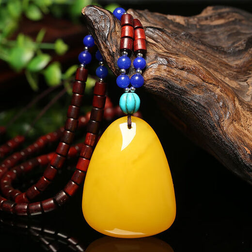 Mu Huanshi wax beeswax pendant sweater chain natural amber raw stone chicken fat yellow water drop necklace for men and women (with national inspection certificate) black material water drop pendant with fashionable cotton rope style