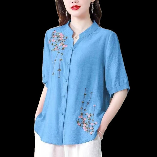 锦人初夏季中袖棉麻上衣女2025新款国风刺绣女士衬衫妈妈装宽松亚麻小衫 玫红-694 均码 m约108斤内