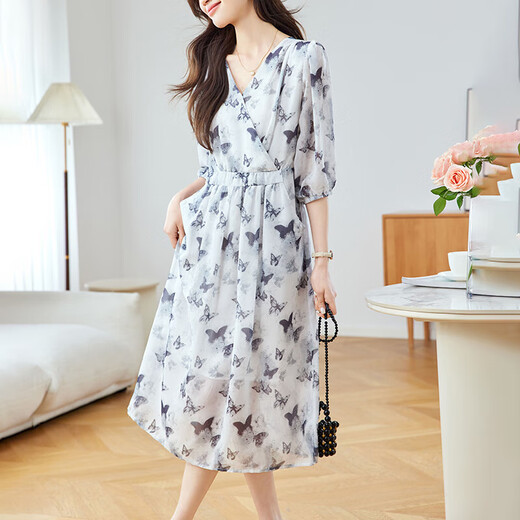 OLJ高档品牌连衣裙女2025年夏季新款感气质v领中袖印花雪纺裙子 黑蝴蝶 M