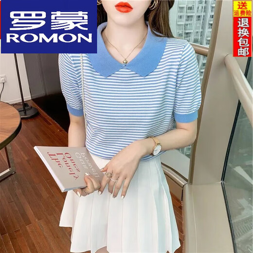 Collar de muñecas a rayas de Romon para mujeres de manga corta de 25 años, suéter de seda de seda de hielo, camiseta delgada pequeña de la edad DX691# amarillo s recomendado 80-100Jin [Jin iguala 0.5 kg]