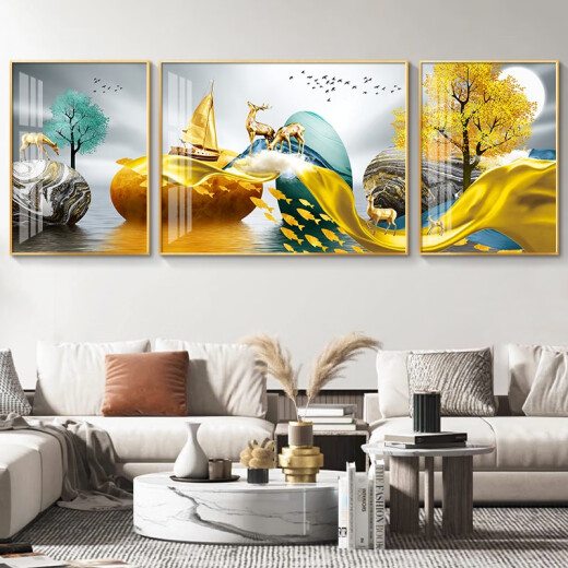 
Modern simple living room decoration painting sofa background wall mural atmospheric light luxury triple painting hanging painting diamond crystal porcelain HJ-3893-Smooth sailing 50*70 on both sides 100*70 in the middle 100*70 noble black frame high