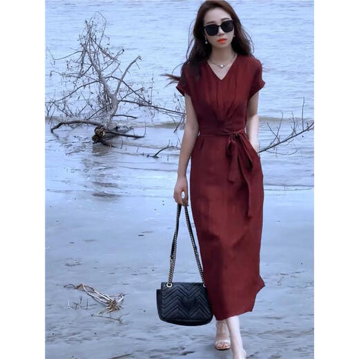 Hengyuanxiang Silk Light Luxury Robe Women's 2025 Été Nouveau style élégant en V Slim Jupe rouge Bourgogne Guangzhou Vêtements féminins de treize rangs / produits européens Europe 2xl