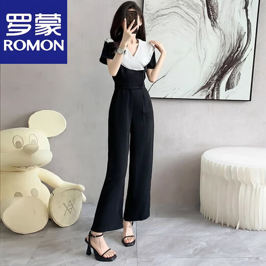 ROMON Summer New Draped Large Lapel Suit Jumpsuit Women's Summer Thin Chiffon Wide Leg Jumpsuit Set Black S