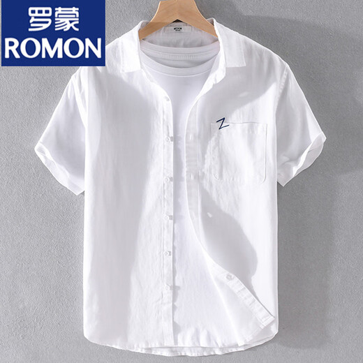 罗蒙（ROMON）男士亚麻翻领短袖恤宽松衬衫领上衣服有带领T棉麻料体恤麻布夏装 yunyi-9711黄色 XL