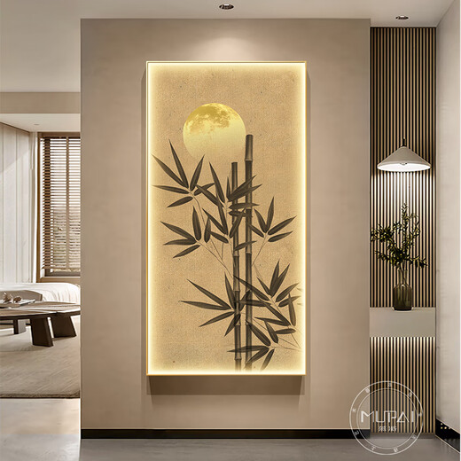 Ywzr Neues chinesisches Stil Eingang Dekorative Gemälde mit Lichtern Song Dynastie Ästhetik Bambus Gemälde Wohnzimmer Hängende Gemälde Zen High-Sense Corridor Wandbilder, Tinte Bambus dicker Reim D Style 100*200led Lampenmalerei (intelligente Direkteinsatz + Fernbedienung) 3