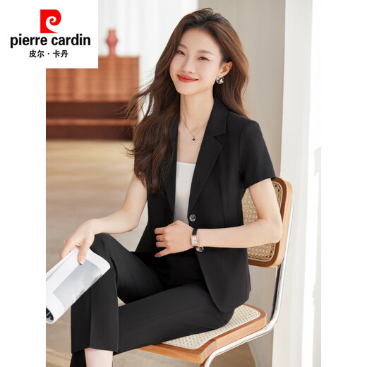 皮尔卡丹（pierre cardin）黑色短袖西装套装女夏季工装薄款气质职业正装酒店前台接待工作服 A9928一粒扣黑色西装 S