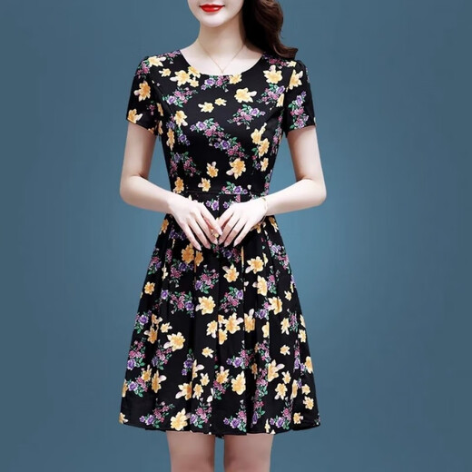 Woodpecker ice silk dress 2025 new high-end women's clothing temperament age-reducing short-sleeved middle-aged mother summer skirt women's summer ice silk 9905 skirt M 100Jin Jin is equal to 0.5 kg within
