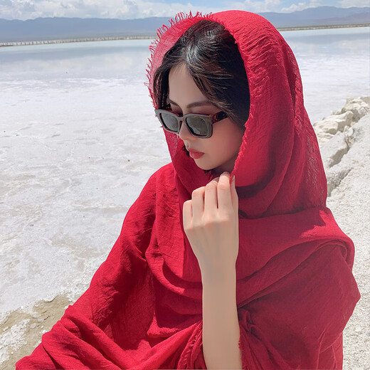 大红色拍照棉麻围巾沙漠防晒披肩海边旅游沙滩青海茶卡盐湖纱巾女 红色