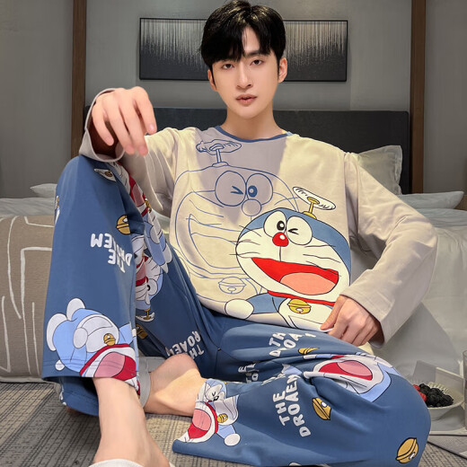 Pajamas Men's Spring y Autumn Cotton Pure Cotton Adolescente de manga larga Estudiante suelto de cuatro estaciones de dibujos animados para hombres para hombres Juego de ropa G672 2XL altura 180 y peso 145-175Jin [Jin equivale a 0.5 kg]