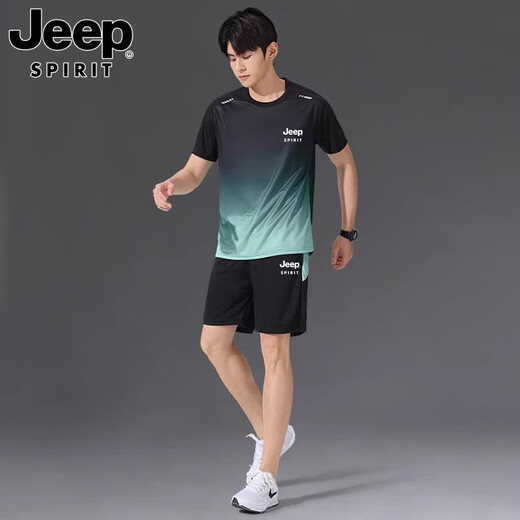 JEEP SPIRIT High-End JEEP Ice Silk Sports Suit Men's Summer Short-Sleeved Running T-Shirt Fitness Clothing Basketball Suit Quick-drying 9901 Black Gray Suit M