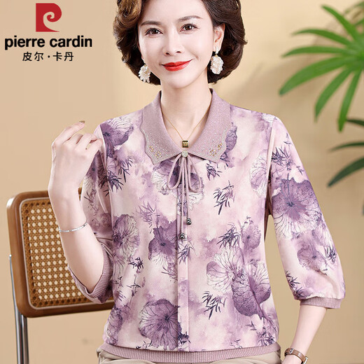 皮尔卡丹（pierre cardin）妈妈装春季翻领针织中长袖冰丝T恤中老年女装春夏季新款碎花上衣 粉红色702 M 建议(85-105斤)
