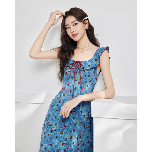 
IEF/Aiyifu skirt 2025 summer new French tea break romantic lady vacation style vest long skirt blue flower S