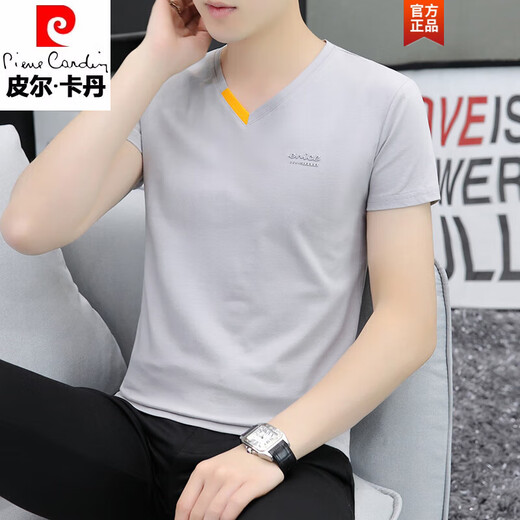 Pierre cardin men's clothing 2025 new V-neck young men's short-sleeved T-shirt pure cotton thin summer casual versatile T-shirt men QY691 white 3XL