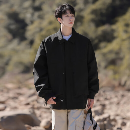 IZEXX lapel coat men's autumn Barn style trendy casual tops loose youth jacket HZ10 amber black L