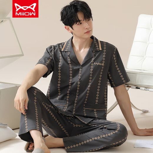 Catman MIIOW men's pajamas summer pure cotton short-sleeved trousers spring and summer thin simple large-size cardigan home clothing set:An693 L men