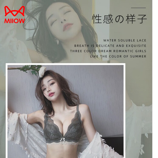 猫人文胸性感蕾丝内衣女士小胸厚聚拢侧收收副乳防下垂无钢圈显大套装 绿色套装 70A 32B