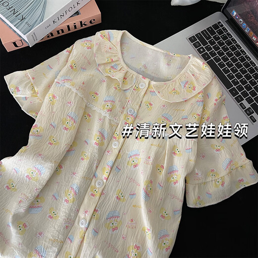 山头林村带胸垫睡衣女款网红风卡通2025新款夏季短袖薄款可外穿家居服套装 12346 口袋小猫 带胸垫 M