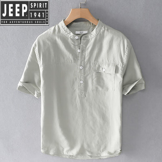 JEEP SPIRIT夏季男装休闲棉麻短袖T恤衫小立领宽松薄款透气亚麻白色上衣服潮 黄色 S
