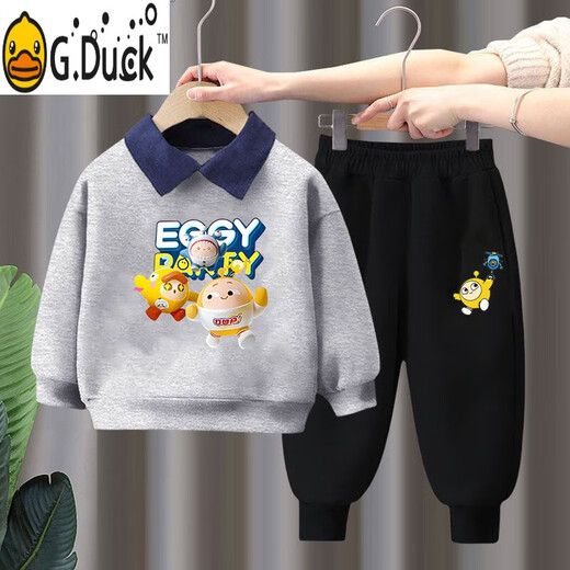 G.DUCKKIDS男童套装春秋潮童POLO领卫衣休闲两件套外穿帅气潮流小男孩衣服 湖蓝T753+灰裤T754 cm 建议身高110-120 120