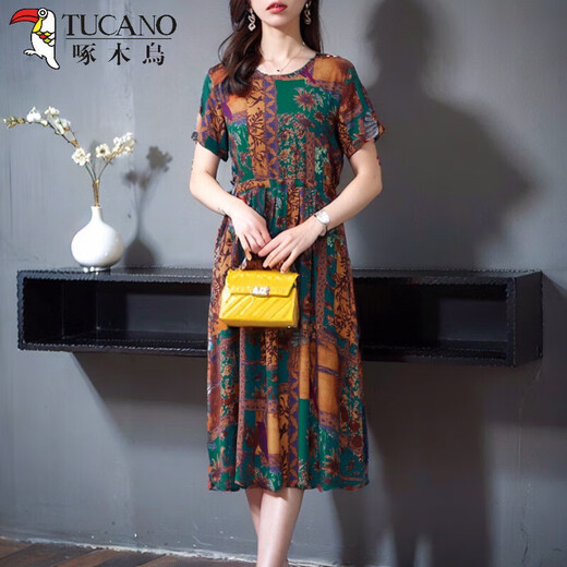 TUCANO;啄木鸟棉绸连衣裙中老年女夏季2025新款短袖中长款大码宽松花色遮肉裙子 轻薄683-2号色薄 XL 【90-110斤】