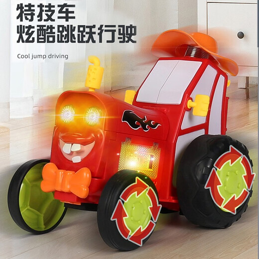 儿童电动火车拖拉机特技车遥控车男孩魔性别舞蹦跳四驱汽车玩具车 绿色 双电套餐每车2个锂电池