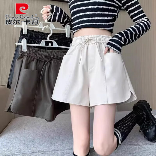 Pierre Cardin PU Leather Shorts Women's Autumn and Winter 2025 New Fashion Outerwear Loose Slim Drawstring High Waist A-Line Casual Boot Pants Brown L