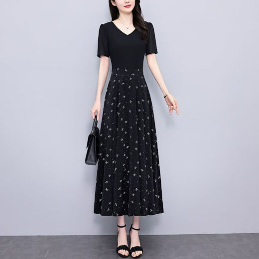 NO1 DARA短袖高档连衣裙2025夏季新款显瘦休闲收腰遮肚子洋气女士高档裙子 黑色【高品质6621】 XL 建议85-105斤