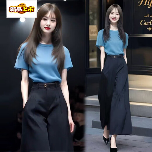 初径时尚套装女夏季新款时髦洋气短袖恤高腰阔腿裤气质两件套潮 蓝色上衣+黑色裤子(套装) S (80-100斤)