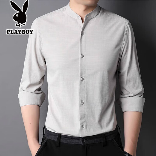 
Playboy solid color stand collar mercerated cotton shirt men's 2025 spring and autumn long-sleeved shirt casual inner Chinese collar inch shirt thin 9930 style rose red XL 180