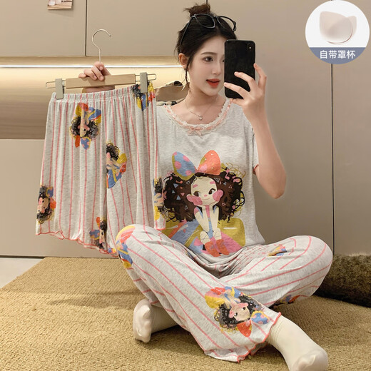 雅鹿2025新款睡衣女夏季莫代尔带胸垫短袖可爱卡通可外穿家居服三件套 RM3519 蝴蝶结女孩 固定胸垫 M