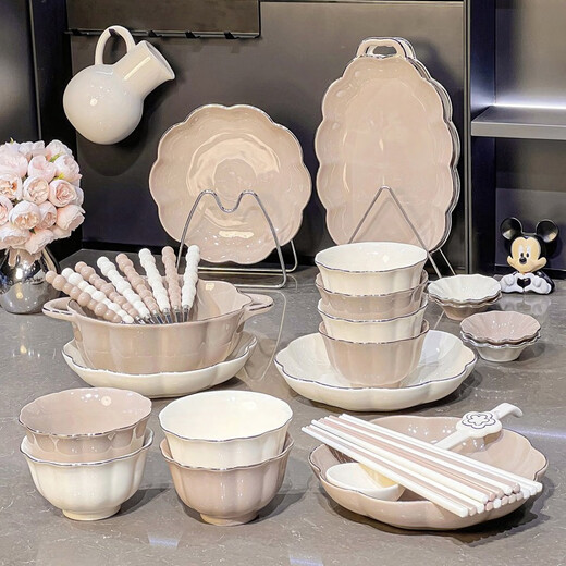 颂家感碗碟套装家用陶瓷盘子釉下彩餐具碗盘轻奢米饭碗碗具 描金款4-6人食礼盒装1355